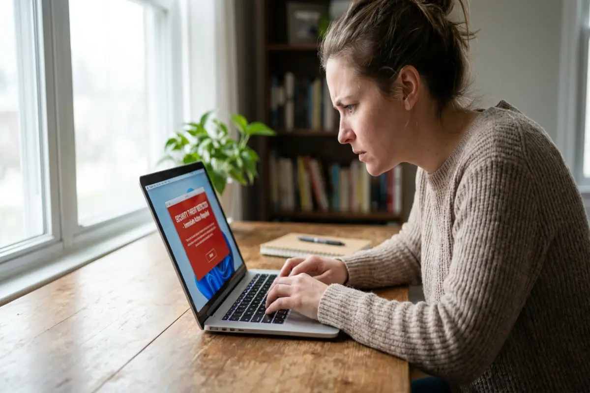 malware removal guide — woman reviewing red security threat alert on laptop at a home office desk