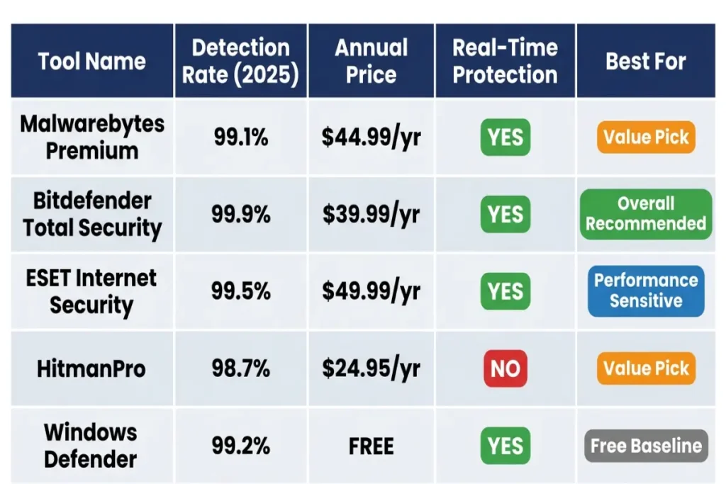 best malware removal tools 2026 — comparison table of detection rates, pricing, and real-time protection for top malware removal guide picks