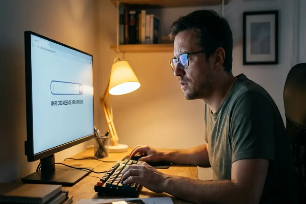 how to detect malware — man recognizing browser redirect symptom on PC screen, first diagnostic step in a malware removal guide