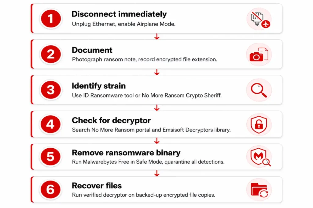how to remove ransomware step-by-step — six-step process flow diagram from disconnection through ransomware removal steps and file recovery