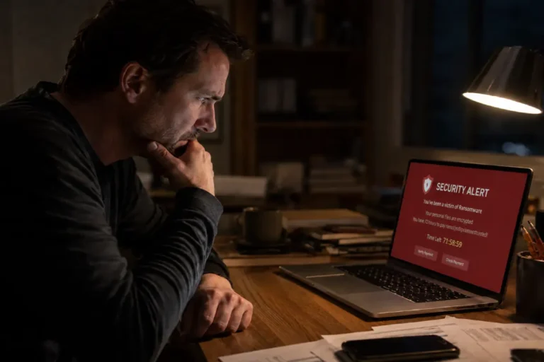how to remove ransomware — man reacting to ransomware attack on laptop screen late at night at a home office desk