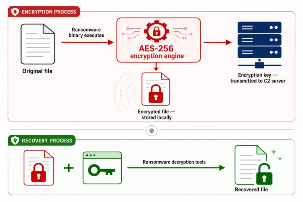 how to remove ransomware — technical diagram showing encryption cycle, C2 key storage, and ransomware decryption tools recovery path
