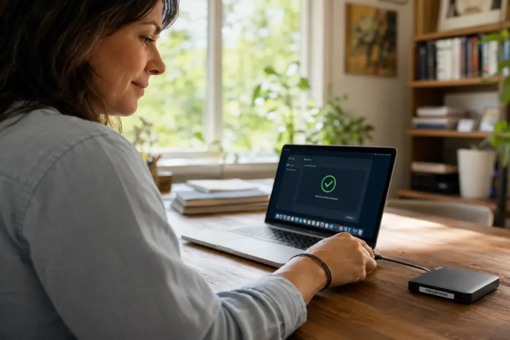 malware removal guide — woman completing post-removal backup on external drive after confirmed clean security scan