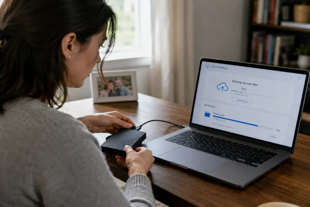 ransomware protection — woman setting up external drive backup and cloud backup after completing how to remove ransomware recovery steps