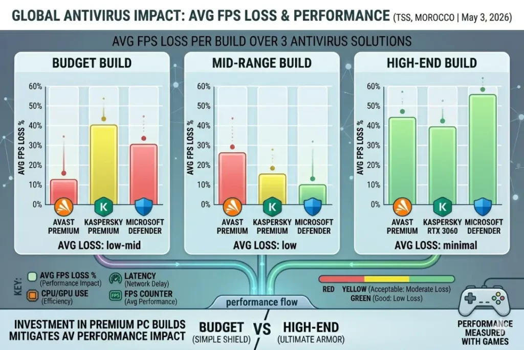 A bar chart comparing average FPS for each antivirus on three different PC builds (budget, mid, high)