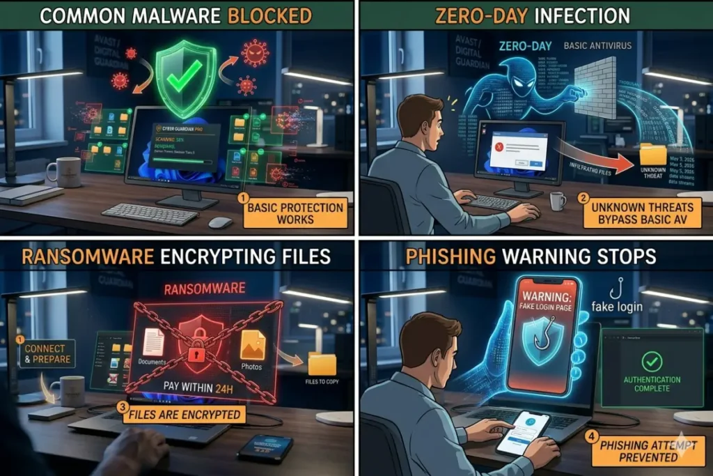 A bar chart comparing infection probability over 5 years for Defender versus paid antivirus across low, average, and high-risk user categories. Red bars for Defender, green bars for paid. Modern data visualization style