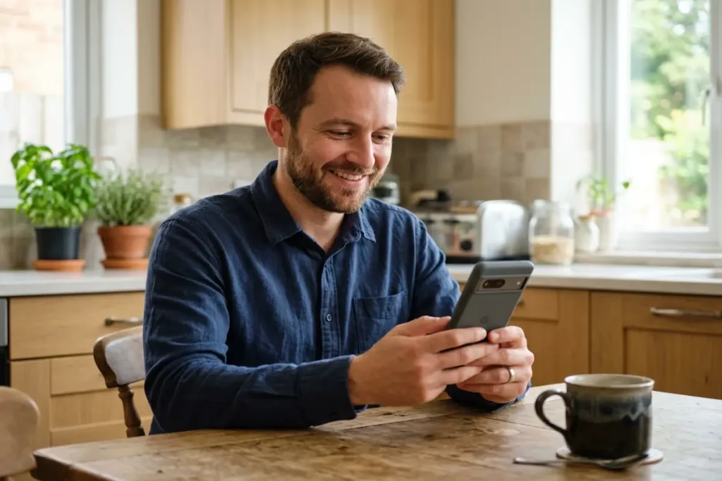 Android malware removal complete — man checking clean security status on Android phone after successfully removing malware from Android device