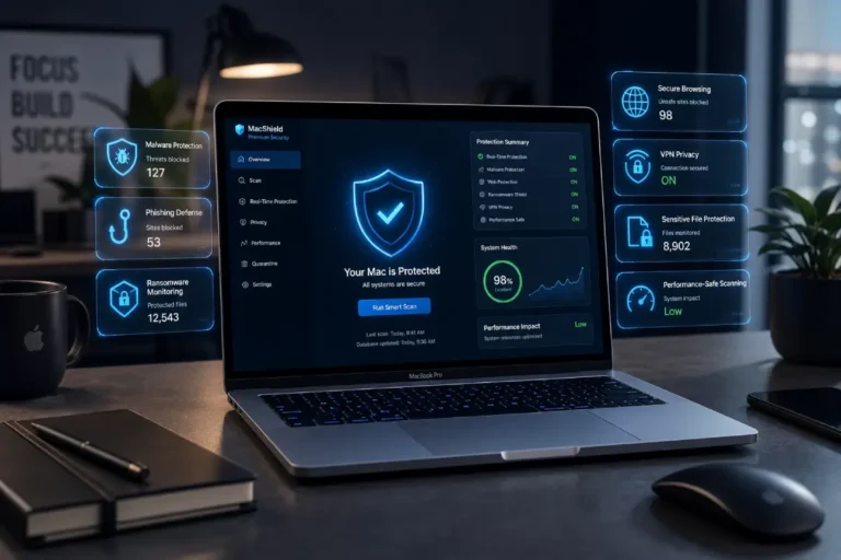 Best antivirus for MacBook Pro cybersecurity dashboard with malware protection, phishing defense, ransomware monitoring, VPN privacy, and secure browsing
