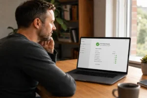 best free malware removal tools 2026 — man reviewing completed security scan results on laptop at a home office desk