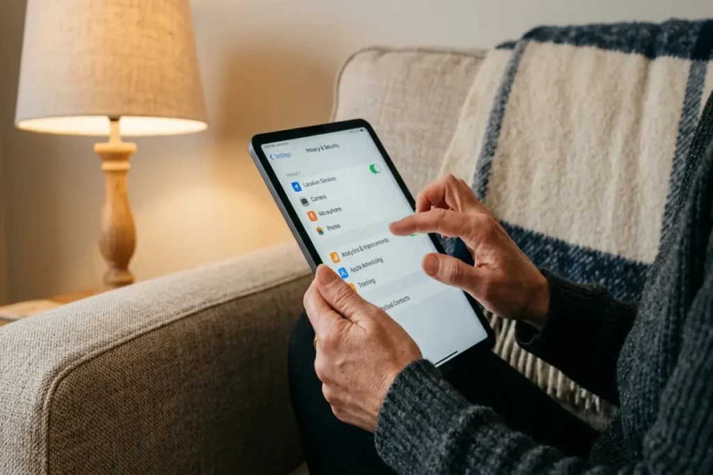 browser privacy settings — hands scrolling through browser privacy settings on tablet device at home