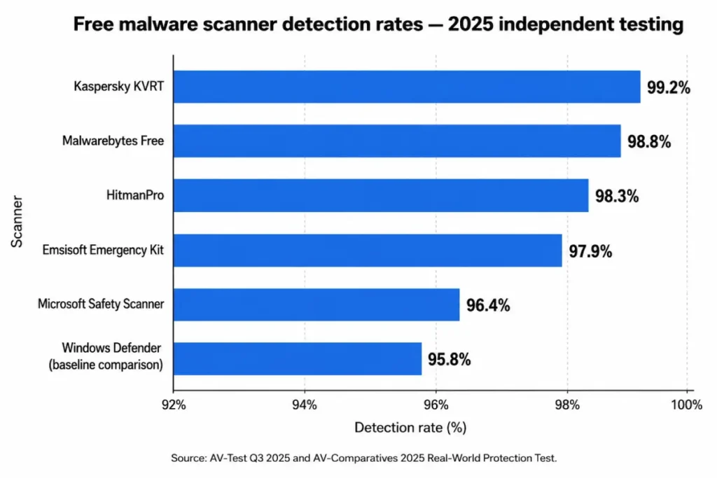best free malware removal tools detection rates 2025 — horizontal bar chart comparing six free scanners from AV-Test and AV-Comparatives data