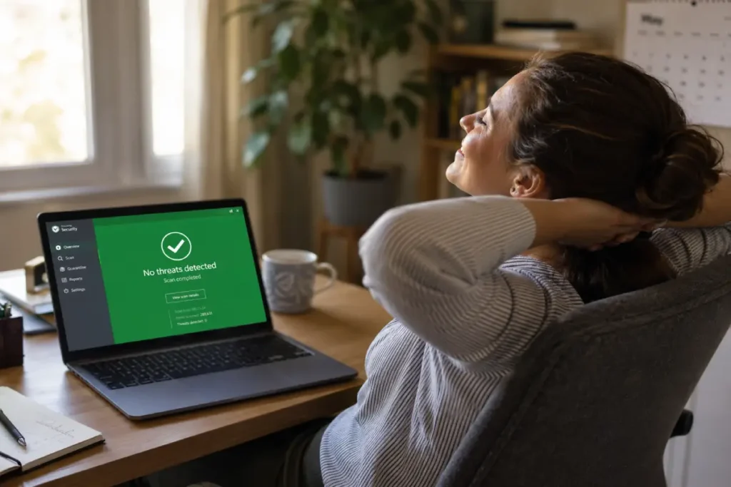 best free malware removal tools result — woman relieved at clean no-threats scan result after completing full malware removal software protocol