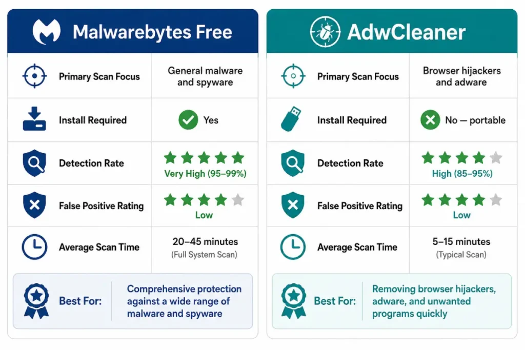 best free malware removal tools — Malwarebytes Free vs AdwCleaner feature comparison showing scan focus, install requirements, and best-for verdict