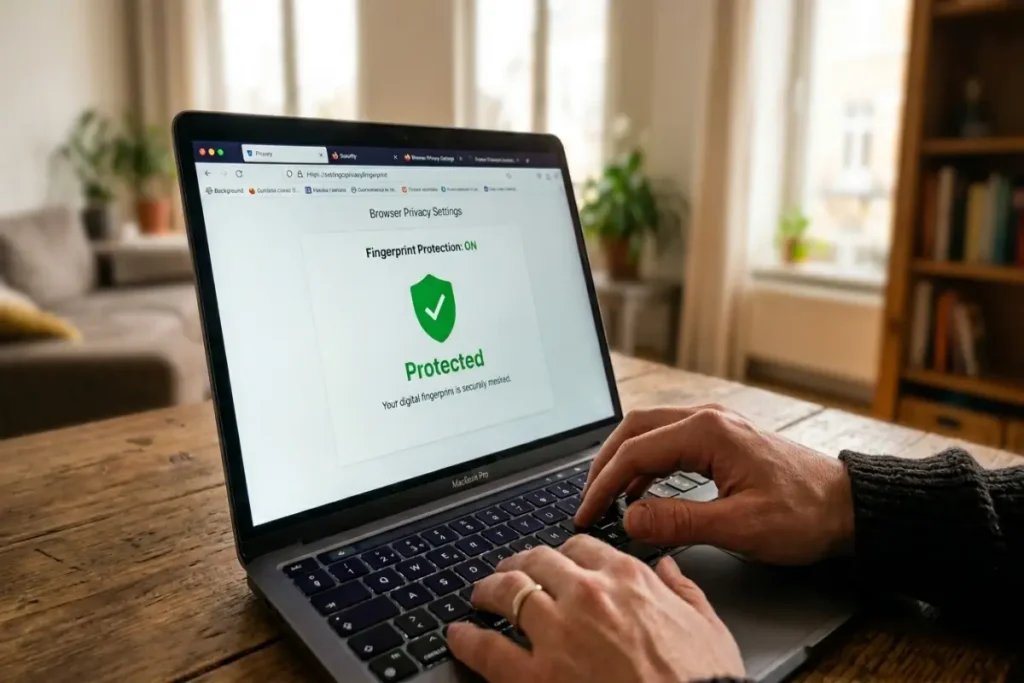 browser fingerprinting — hands at keyboard with browser showing green fingerprint protection status on laptop