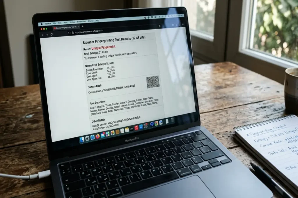 browser fingerprinting — laptop screen showing browser fingerprint test results with entropy scores and canvas hash values