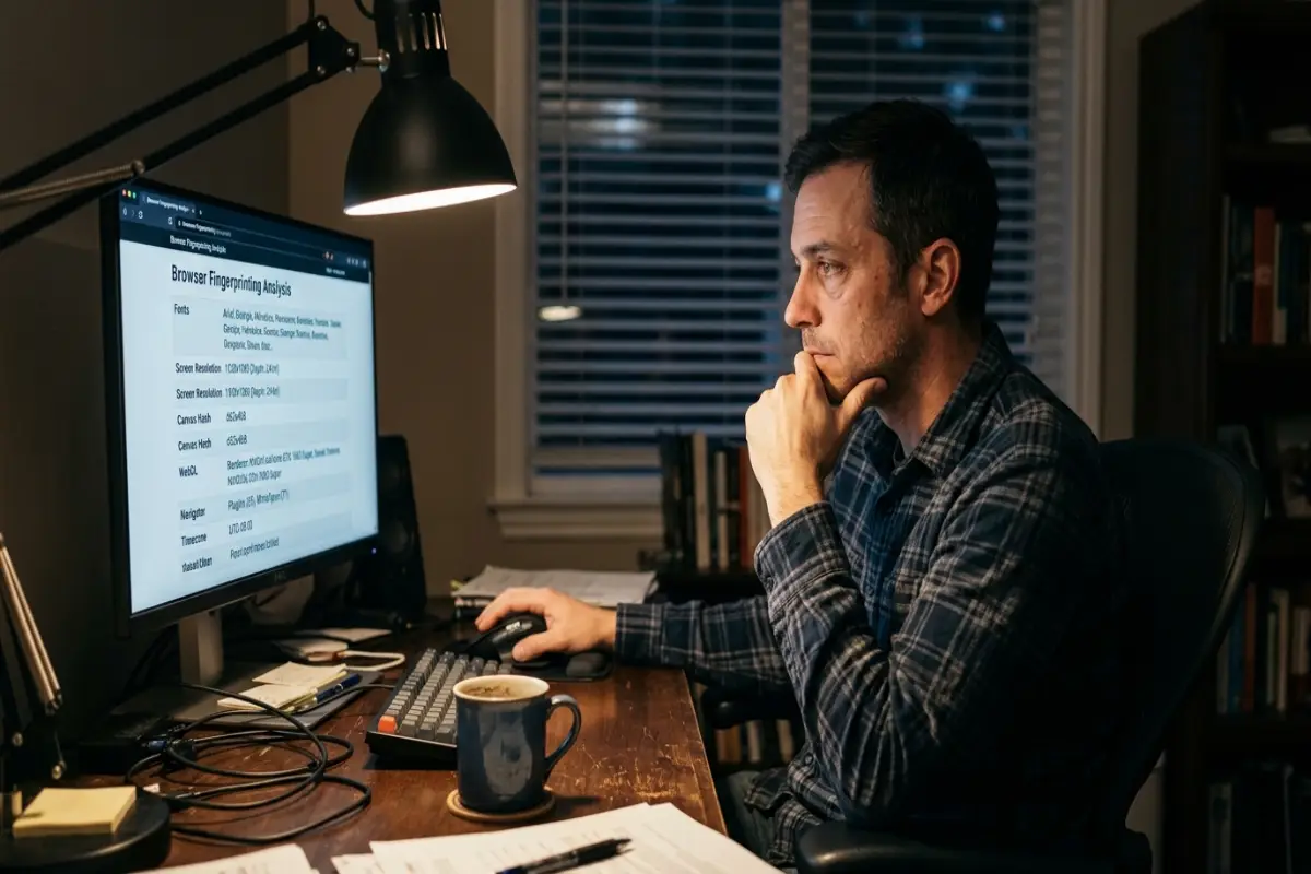 browser fingerprinting — man analyzing browser fingerprint breakdown on monitor in home office at night