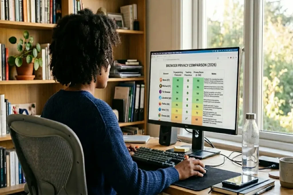 browser fingerprinting — person reviewing browser fingerprinting protection comparison on desktop monitor in home office