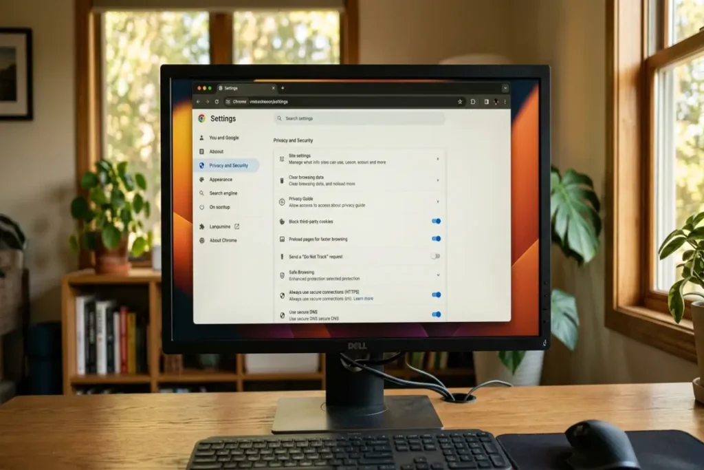 browser privacy settings — browser privacy and security settings panel with multiple toggle options visible on monitor