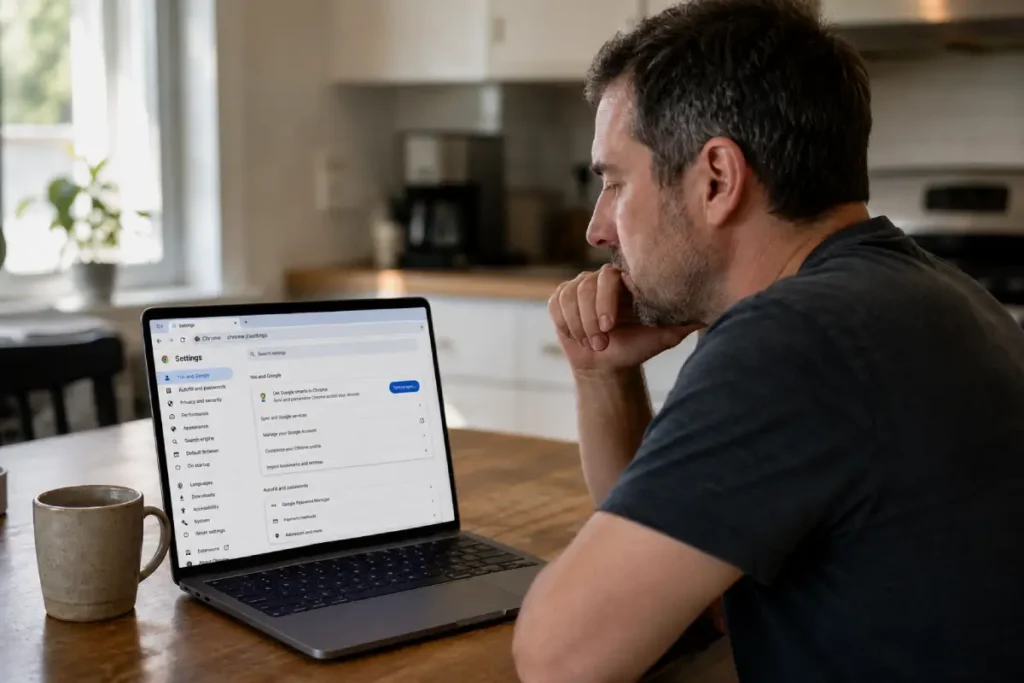 browser privacy settings — man checking browser privacy settings on laptop at kitchen table with morning coffee