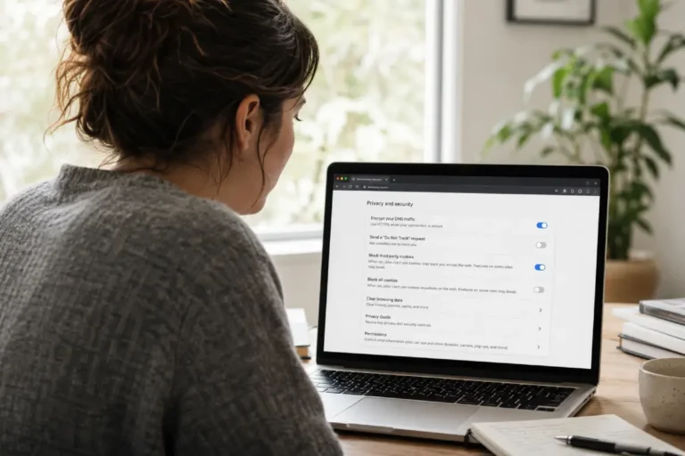 browser privacy settings — woman reviewing browser privacy settings panel on laptop screen at home desk