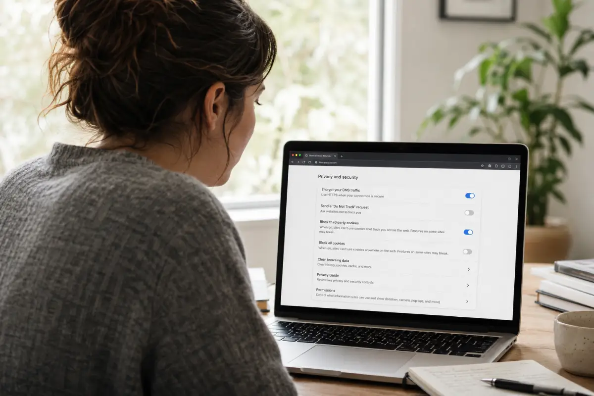 browser privacy settings — woman reviewing browser privacy settings panel on laptop screen at home desk
