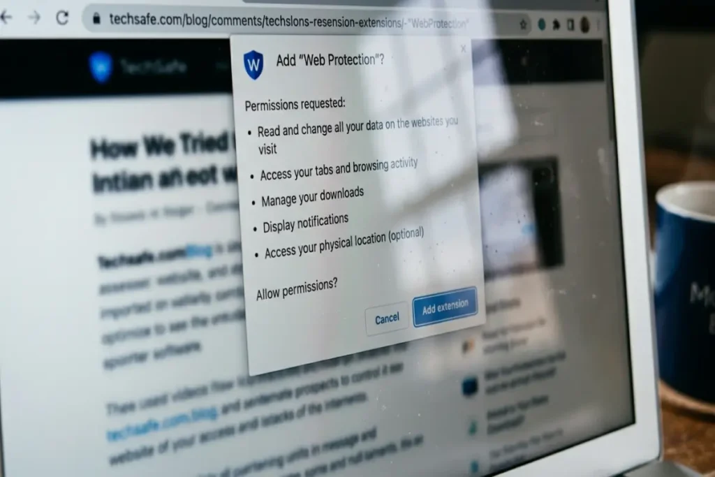 browser security extensions — browser permissions dialog displayed on computer screen during extension installation