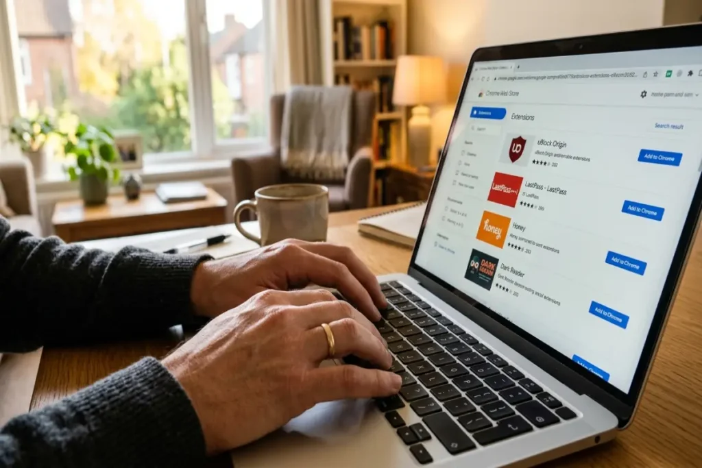  browser security extensions — hands typing on laptop while browsing browser extension store page