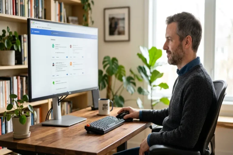 browser security extensions — man reviewing browser extension management panel on widescreen desktop monitor