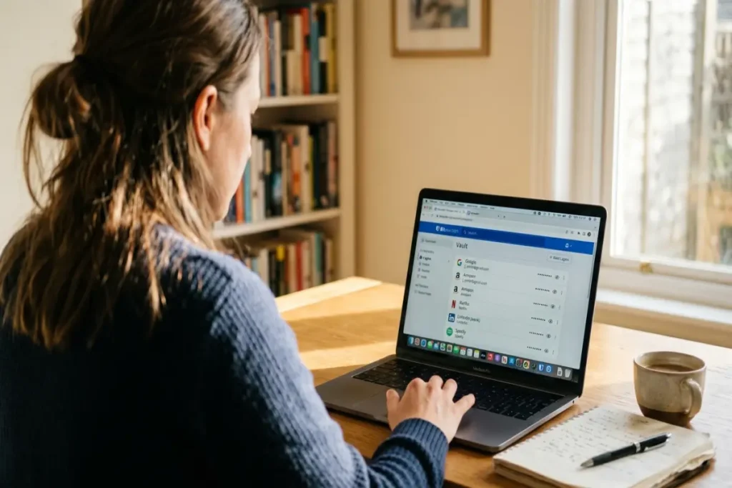 browser security extensions — over-the-shoulder view of browser password manager extension interface on desktop