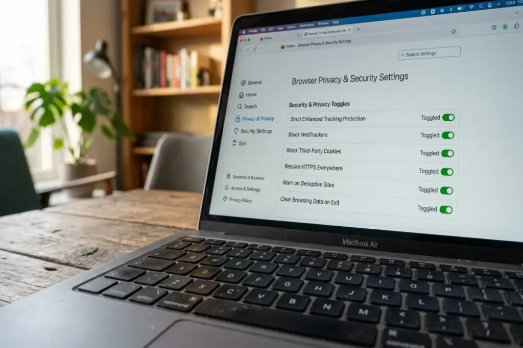 browser security guide — laptop showing browser security settings panel with toggles enabled