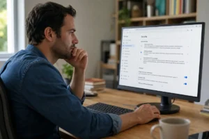 browser security guide — man reviewing browser security settings on desktop monitor in home office