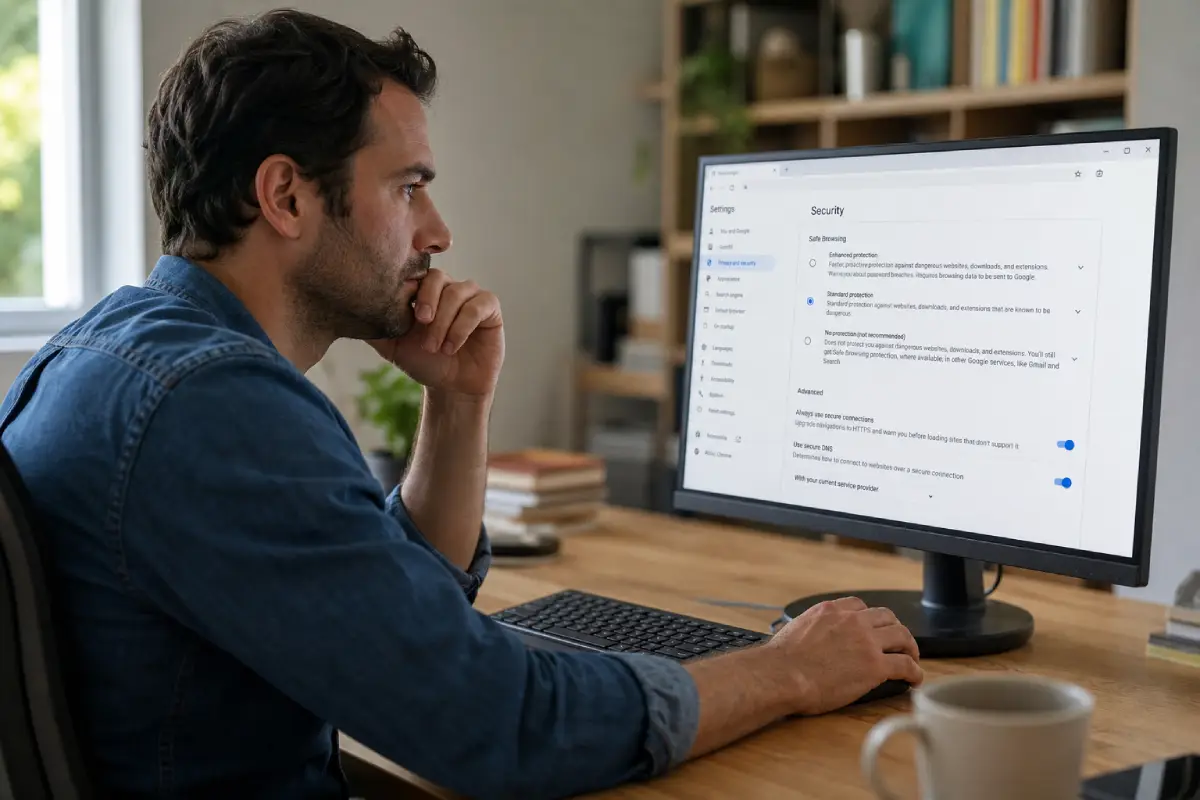 browser security guide — man reviewing browser security settings on desktop monitor in home office