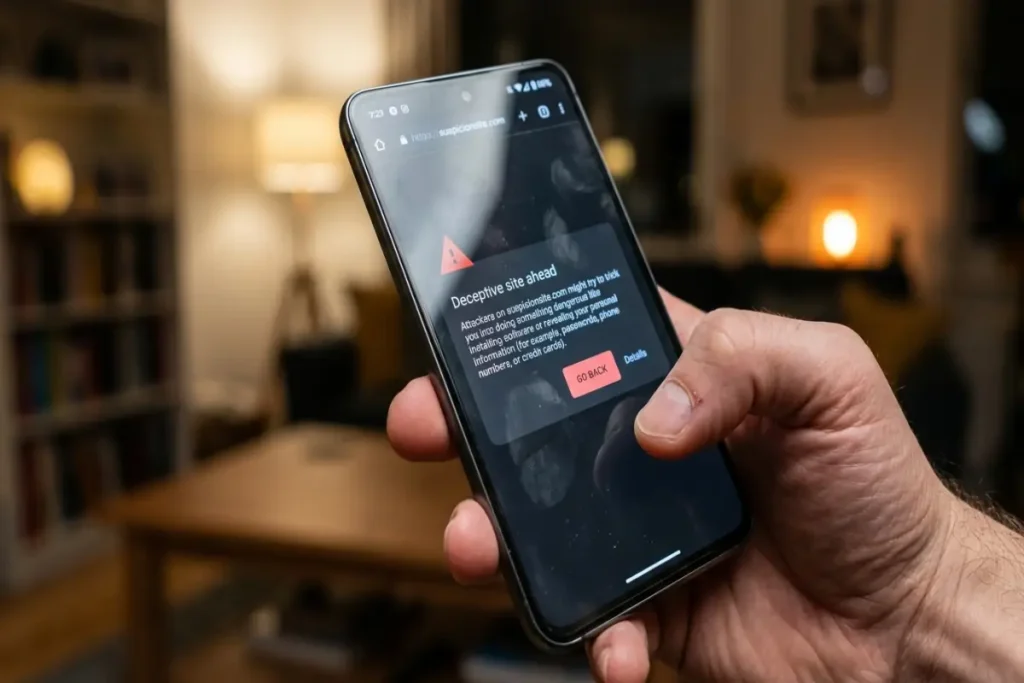 browser security guide — smartphone displaying browser security warning on mobile browser screen