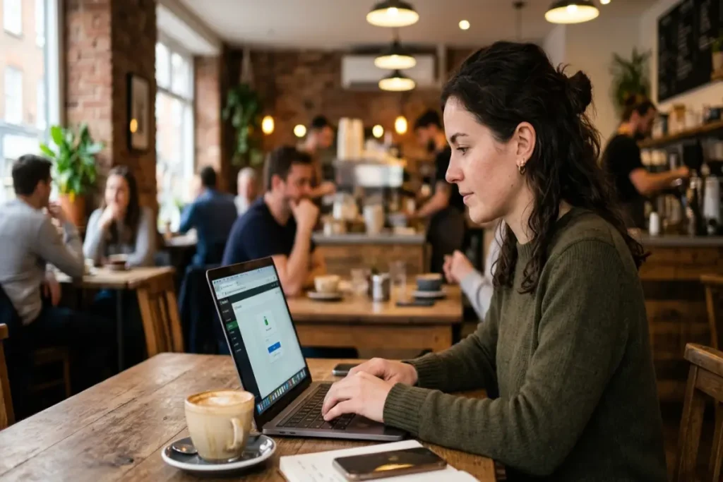 browser security guide — woman using laptop securely in public café environment with browser open