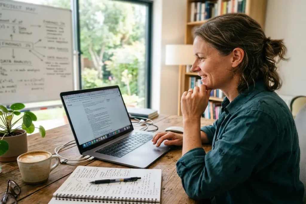 woman studying malware vs virus taxonomy and types of malware on laptop at home office desk
