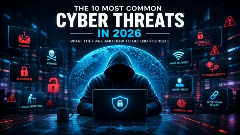 Overview of the most common cyber threats in 2026 including phishing, malware, ransomware and AI attacks