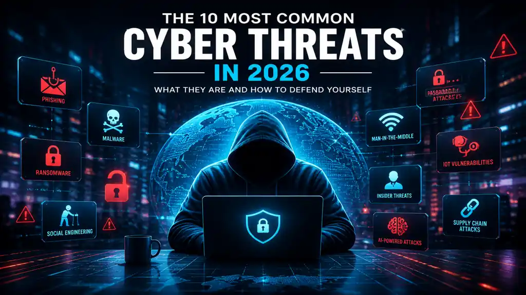 Overview of the most common cyber threats in 2026 including phishing, malware, ransomware and AI attacks