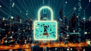 Cybersecurity concept showing digital lock protecting data from cyber attacks