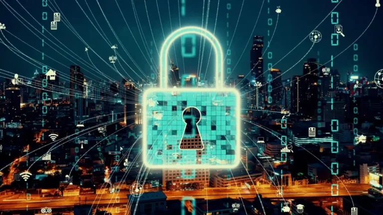 Cybersecurity concept showing digital lock protecting data from cyber attacks