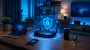 Secure modern home Wi-Fi network with router, laptop, smartphone and cybersecurity protection concept