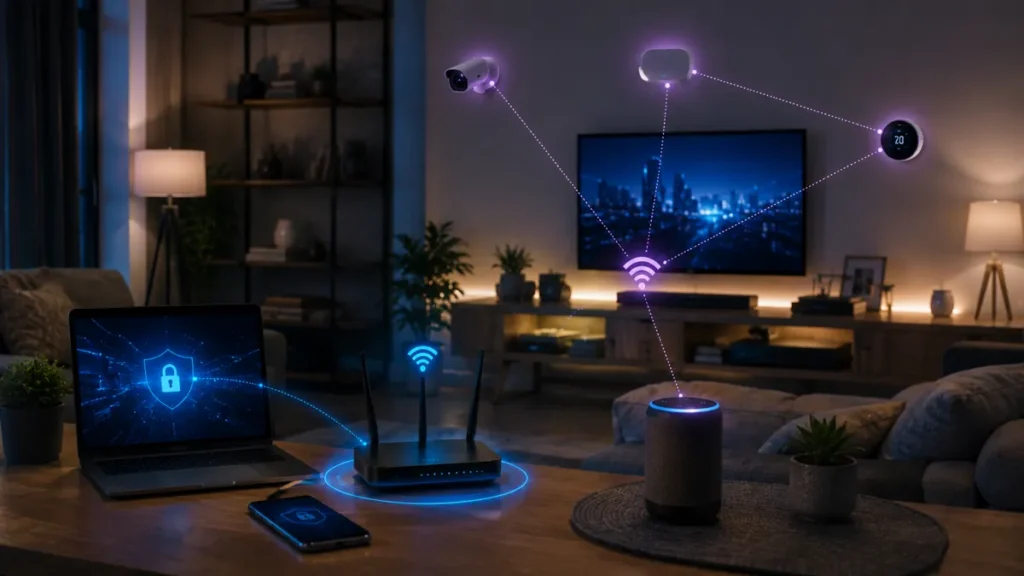 Home network cybersecurity checklist with secure router and digital protection symbols