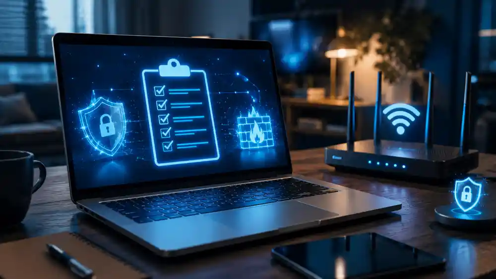 Cybersecurity workspace with online privacy checklist and secure network devices