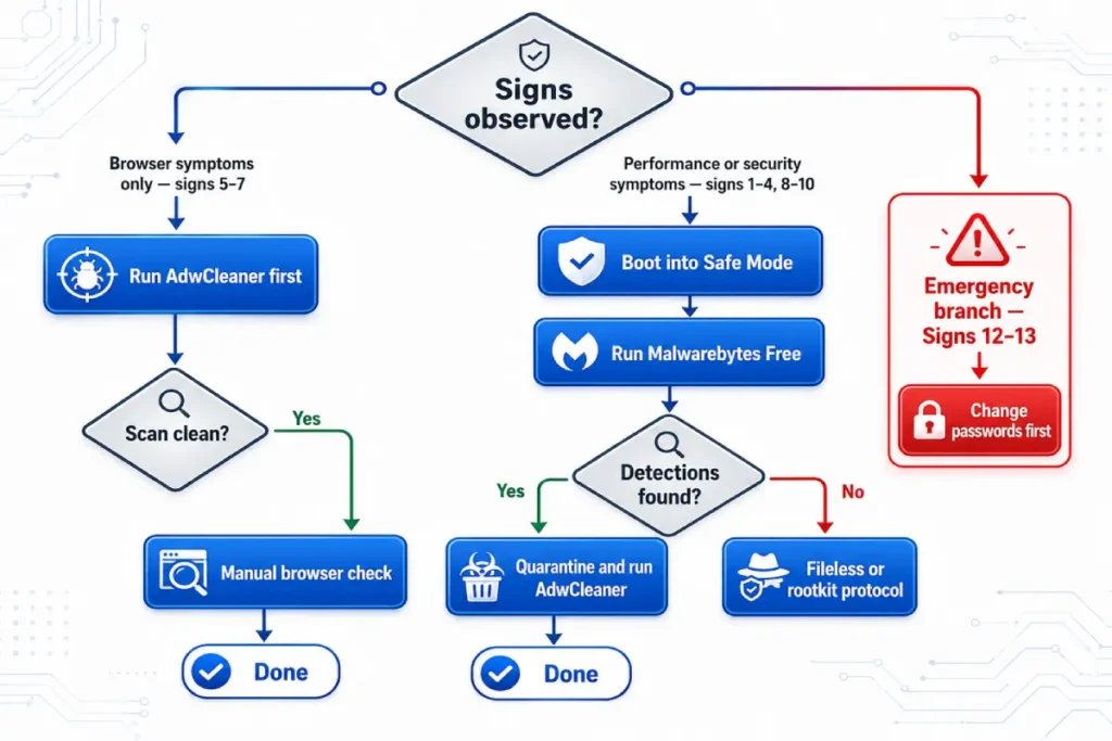 detect malware on PC — decision tree triage diagram showing correct scan sequence based on specific signs of malware infection observed
