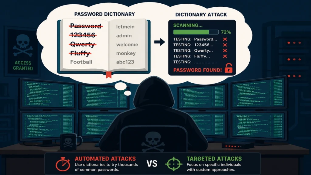 Dictionary attack illustration showing how hackers crack weak passwords like 123456 and qwerty
