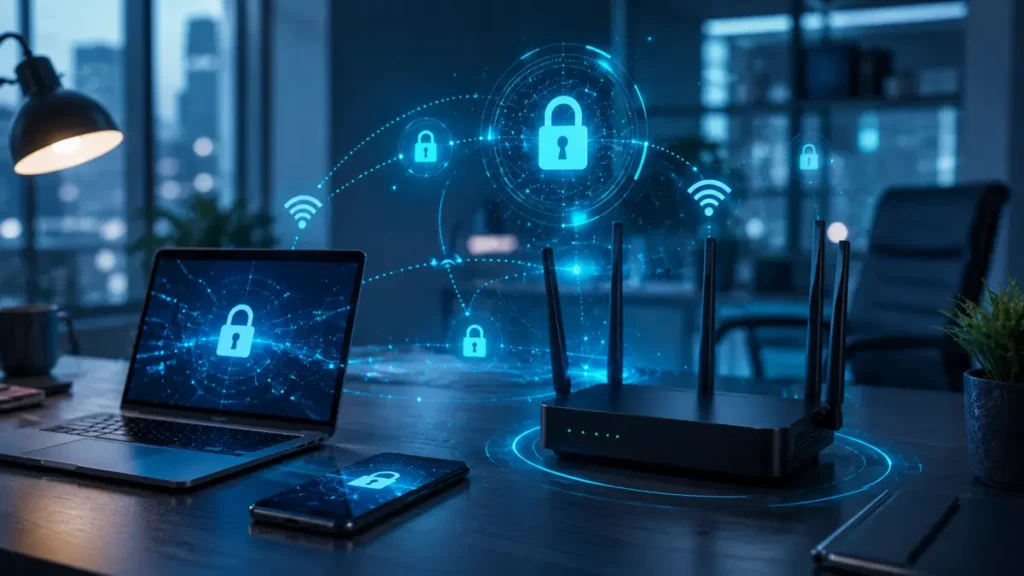 Modern Wi-Fi router being secured through updated settings and password protection