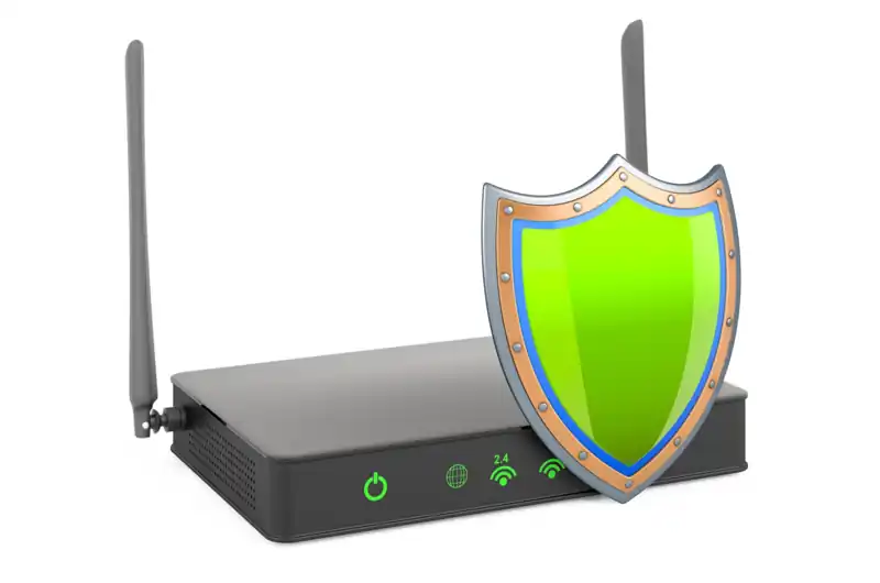 Secure home network router protected with shield representing cybersecurity protection