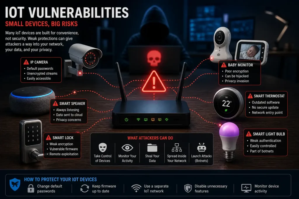 IoT devices like smart cameras and thermostats vulnerable to cyber attacks in a home network