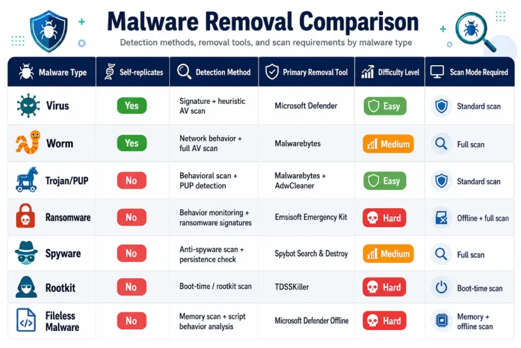 malware classification comparison chart — table showing types of malware, detection methods, removal tools, and difficulty levels for malware vs virus removal