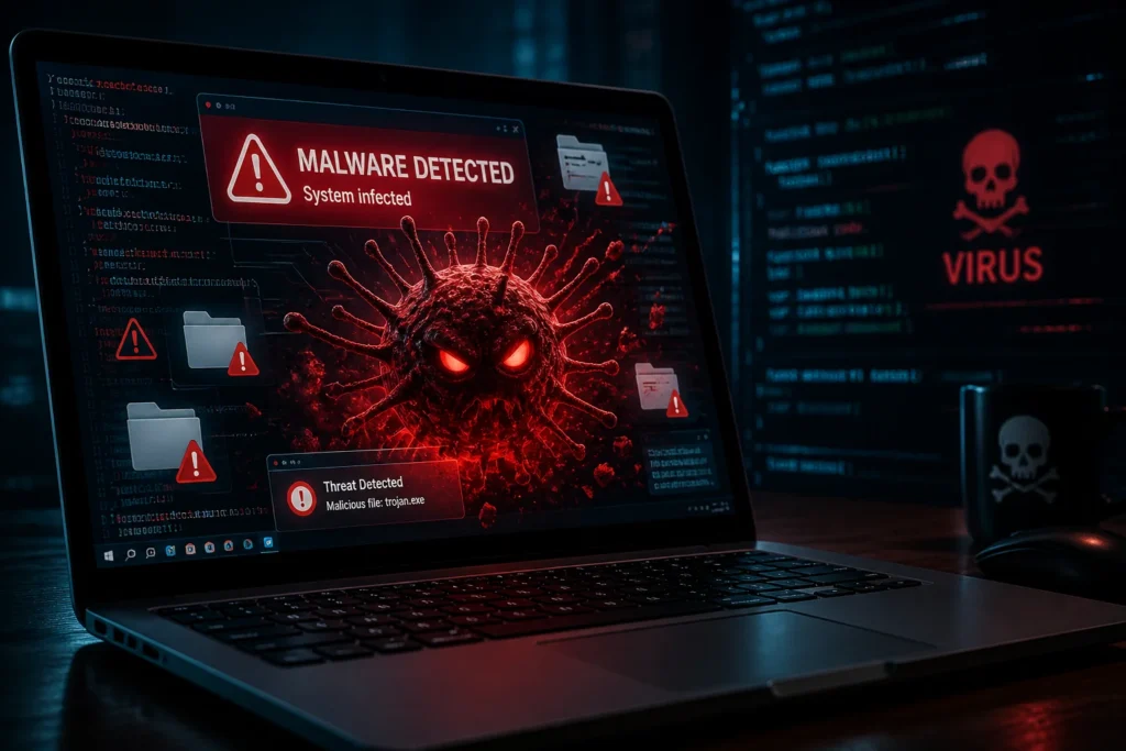 Illustration of malware infecting a computer system and spreading malicious code