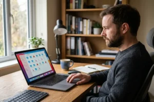 malware vs virus concept — man analyzing file system on laptop screen, researching malware classification and computer virus definition